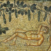 畫名: Jonah rest underneath a gourd vine; 畫家: 不詳; 完成年份: 主後4世紀; 收藏地點: mosaic pavement, Aquileia Cathedral, Italy