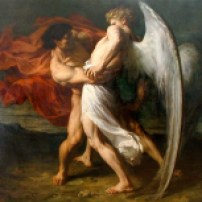 畫名: Jacob Wrestling with the Angel; 畫家: Alexander Louis Leloir (France) ; 完成年份: 1865; 收藏地點: Musee des Beaux-Arts, Clermont-Ferrand, France