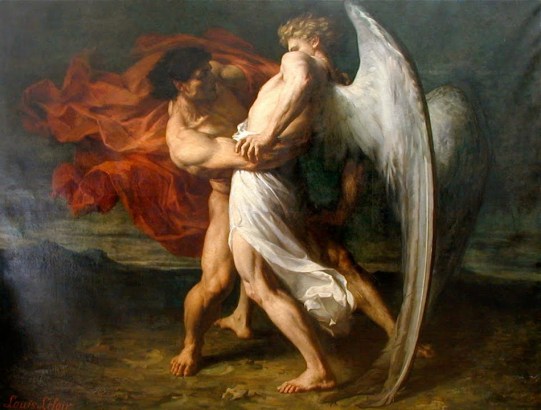 畫名: Jacob Wrestling with the Angel; 畫家: Alexander Louis Leloir (France) ; 完成年份: 1865; 收藏地點: Musee des Beaux-Arts, Clermont-Ferrand, France